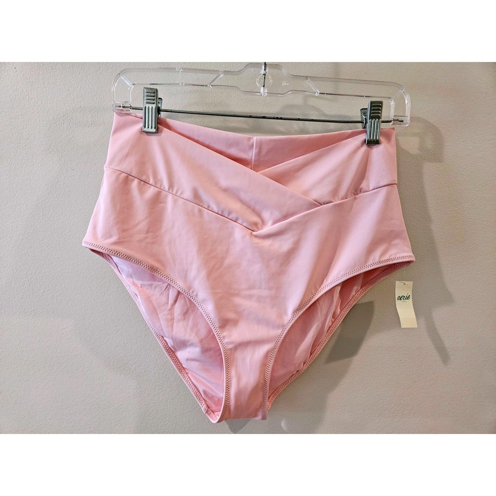 Aerie Real Good High Waisted Crossover Bikini Bottoms Pink Womens Size L NEW